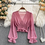 Autumn Fashion Korean Women Blouse Long Sleeve V Neck Elastic Ruched Slim Tops Elegant Streetwear Short