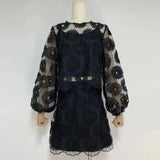 Embroidery Cut Out Two Piece Set Womens Round Neck Lantern Sleeve Tops High Waist Mini Skirts Solid Sets Female