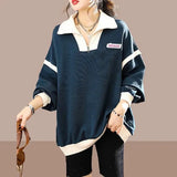 Casual All-match Solid Color Spliced Sweatshirts Fashion Zipper Spring Autumn Standard Polo-Neck Long Sleeve Pullovers-Outfit