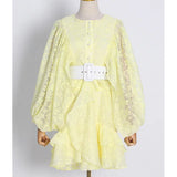 Casual Print Mini Dress For Female Round Neck Long Sleeve Patchwork Sashes High Waist Women's Vintage Dresses