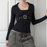 Trendy Base Simple Stripe Bump V Collar Three Buckle Short-Sleeved T-Shirt Top 2025