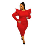Size Dresses for Women Office Lady Puff Sleeve Solid Bodycon Stretch New Style Elegant Maxi Dress Wholesale