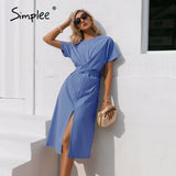 Party Cotton knotted straight women dress Casual O neck chic split dress Elegant green loose short sleeve ladies midi