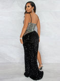 Sexy Sequins Straps Backless Irregular Slit Long