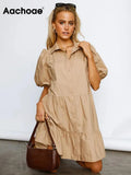 Women Solid Color Mini Dress Summer Puff Short Sleeve Chic Dresses Turn Down Collar Loose Shirt Dress Vestidos