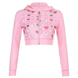 Sweetown Pink Cute New Hoodies Women Colorful Heart Print Kawaii Pullovers Zip Up Long Sleeve 90s Aesthetic Cropped