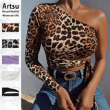 Sexy One Shoulder Cropped Tops Leopard Print Lace up T-shirts for Women Slim Fashion Autumn Winter Tees New