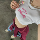 A Little Bit Spoiled White Graphic Crop Top-Outfit