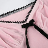 Casual Bow Sexy Fitted Short Sleeve T-shirt Sweet Pink Velvet Cropped Top Girls Tee Y2K Streetwear Contrast-Outfit