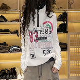 Stand Collar Zipper T-shirt Korean Letter Printed Female Clothing Casual Loose Spring Autumn Rivet Patchwork