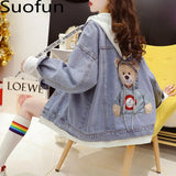 Korean Cartoon Denim Hood Double-layer Jacket Women's Autumn 2021 New Fashion Spring Style With Loose Design