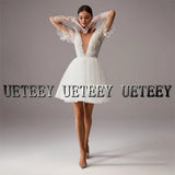 Graduation Party Gift Sexy V-Neck Wedding Dress A-Line Short Sleeves Tulle Mini Bride Gowns Modern Short Backless Vestido De