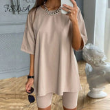 Summer 2020 Women Set O Neck Loose Short Sleeve Top Shirt And Biker Shorts Casual Two Piece Sets White Outfit Khaki