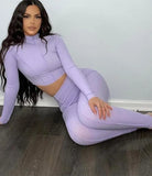 Ribbed Turtleneck Crop Top and Pants 2pc Set 618-1-Outfit