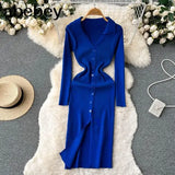 Sexy Split Knitted Dress Lapel V Neck Long Sleeve Button Bodycon Sweater Dress Women Streetwear Midi Long