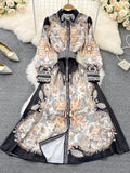 Fashion Runway Vintage Maxi Dress Women Long Lantern Sleeve Buttons Down Totem Print Elegant Belt Party Vestidos