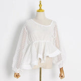 Hollow Out Tees Tops For Women Loose O Neck Long Sleeve Lace Up Asymmetrical Hem T Shirts Female 2022 Spring