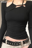 Asymmetric Cutout Crop Top Long Sleeve Tees Y2k Streetwear Black Clothes for Women Sexy T Shirts Spring 2023