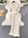 High-End Small Fragrant Style Two Sets Of Women's Atmosphere Knitted Open Fork Shirt