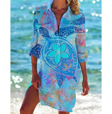 Women Printed Blouse Long Top Tunics Cardigan Half Sleeved Loose Beach Wear Swimwear Ladies Dresses Shirts Button 2023-Outfit
