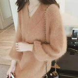 All-match Midi Elegant Solid Color Sweaters 2023 Autumn Winter Korean Loose Long Sleeve V-Neck Jumpers Women's