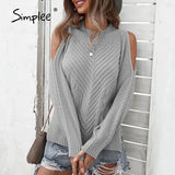 Loose hole women's sweater autumn winter Casual o-neck split pullover black grey Office lady long sleeve fashion