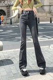 Y2K 2023 New Spring High Waisted Jeans Women's Flare Pants Pocket Korean Vintage Denim Trousers Blue Black Grey