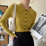Women's Polo's Neck Pit Stripe Fitted Knitted Cardigan Casual Long Sleeve Button Up