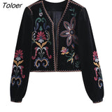 Women Vintage Flower Embroidery National Style Short Coat Ladies Retro Open Stitching Casual Velvet Jacket Tops