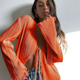 Women Solid Color Striped Cardigan Shirts Long Flare Sleeve Lace-up Deep V Neck Ruffled Tops Casual Party Slit Blouse-Outfit