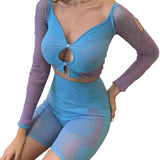 Toloer Women's Sexy Wrapped Breasted Babes Set High Waist Repair Blue