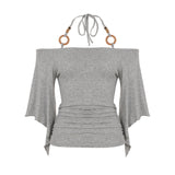 Shoulder Design Beads With Hanging Neck Horn Sleeve Tops The Folding Tight Waist Thin Knitting Temperament