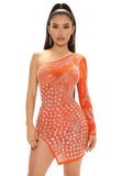 Orange Sexy Slash Neck One Sleeve Solid Mesh Beading Mini Slit Club