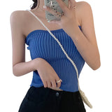 Tops, Summer Solid Color Sleeveless Strapless Ribbed Pullover Casual Vest for Adult Women-Outfit
