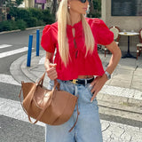 Women's Elegant Kawaii Summer Peplum Blouse Tops Short Puff Sleeve Round Neck Bow Tie-Up Front Babydoll Flare Shirts-Outfit