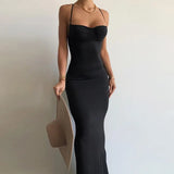Fashion Solid Sleeveless Slip Backless Maxi Prom Dress Sexy Bodycon Summer Women Elegant Clothes Wedding Party Club