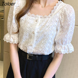 Elegant Summer Short Sleeve Woman Shirts Square Collar Hollow Out White Blouse Women 2023 Korean Lace Shirt Blusas