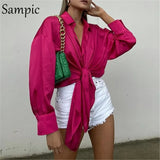 Elegant Stain Women Blouse Tops 2021 Long Puff Sleeve Sexy Lace Up Ladies Fashion Loose Blouse Shirt Tops Autumn