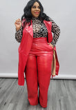 Plus Size Pocket PU Leather Long Vest And Pant 2 Piece