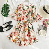 Ruffled Women Playsuits Elastic High Waist Bow Female Jumpsuit Romper Butterfly Sleeve Short Overalls for