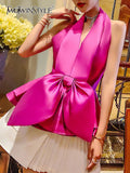 Patchwork Bowknot Shirt For Women V Neck Sleeveless Slim Solid Backless Blouses Female Fashion Clothing Style