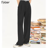 Women Pants 2022 Autumn Mid Waist Loose Trousers Solid Black Casual Long