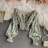 Wooden Ear Print Blouse Holiday Beach Style Slim Fit Pleat Blusas Square Collar Off Shoulder Chiffon Shirt