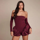 Autumn And Winter Women's Fashion Word Shoulder Long Sleeves Bare Waist Mesh Splicing Bag Of Hip
