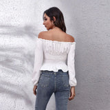 Long Sleeve White Shirt Casual Chiffon Blouse Sweet Front Tie Back Rubber Band Pleated Slash Neck Tops Elegant New