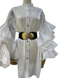 Casual Ruffle Trim Shirt For Women Stand Collar Flare Sleeve Solid Button Through Blouse Female Fashion Clothes
