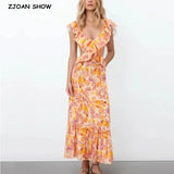 Fashion Women Flower Print Wood ears Strap Backless Tank Long Dress Women Hollow Out Lacing up Bow Back Swing Party Robe-Outfit