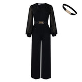 Women's Elegant Fashion Office V-Neck Long Sleeves Folded Waist Tops Wide-Legged Trousers All-Legged