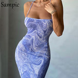 Fashion Women Backless Bandage Long Bodycon Dress Ladies Summer Tie Dye Print Y2K Chic Sexy Party Night Club Wrap