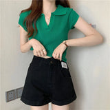 T-Shirt Women Summer New Short Net Red Hollow Knitted Shirt Full Set Thin Polo Collar Short Sleeve Top